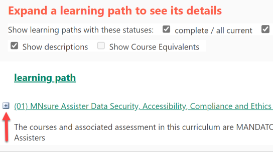 Learning path summary showing plus sign to expand