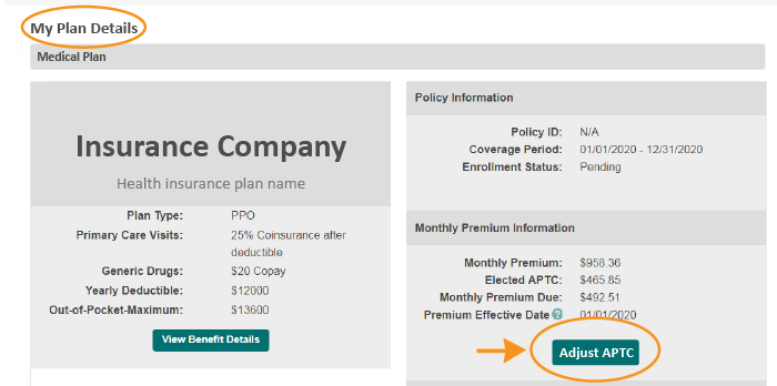 adjust APTC button on the Plan Details page