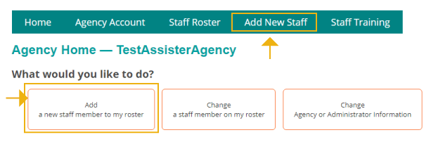 menu for adding new staff on agency home screen