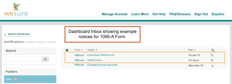 Dashboard inbox with example 1095-related notices highlighted