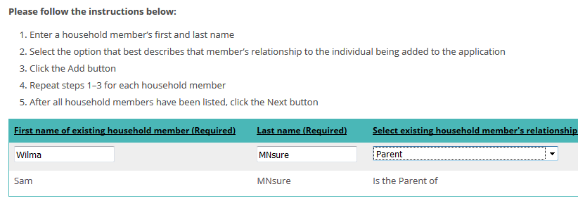 example of household members relationship fields
