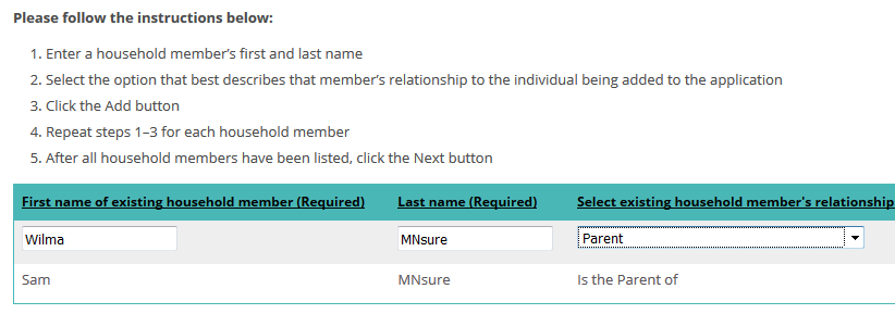 example of household members and their relationship to the person being added