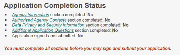 application completion status showing all sections not completed