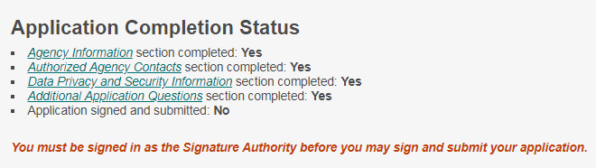 application status showing all sections completed except for signature