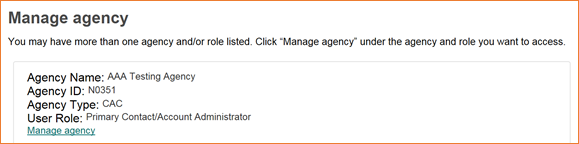 your agency accounts and roles with the Manage Agency