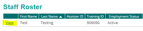 The 'view' link to access staff record