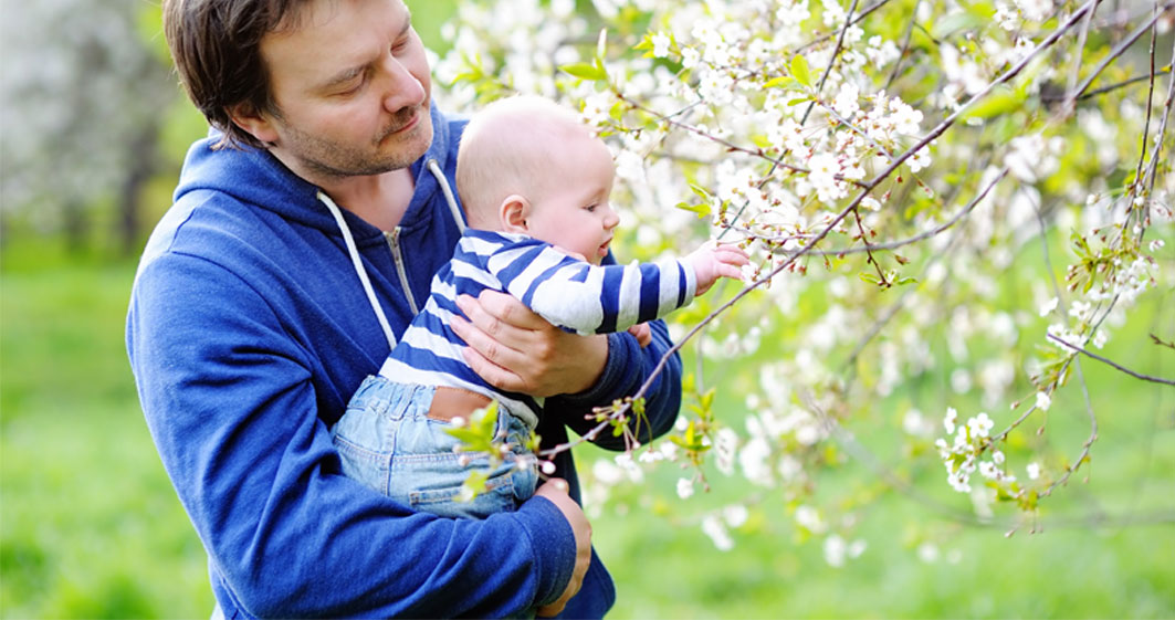 A young man holding a baby; the baby is reaching for flowers on a tree.