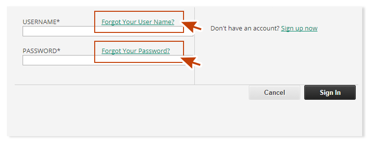 Screen shot of sign in page with links for resetting user name and password.